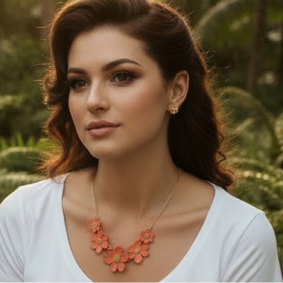 Jewelry - NEW Coral Flower Statement Necklace Gold Tone Floral Theme for Spring Summer